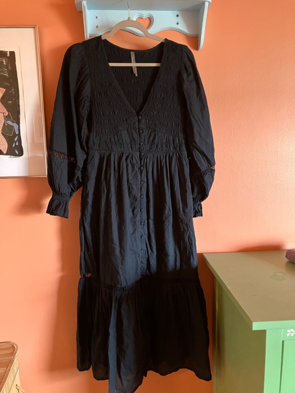 Anthropologie Black Long-Sleeve Button-Front Tiered Midi Dress